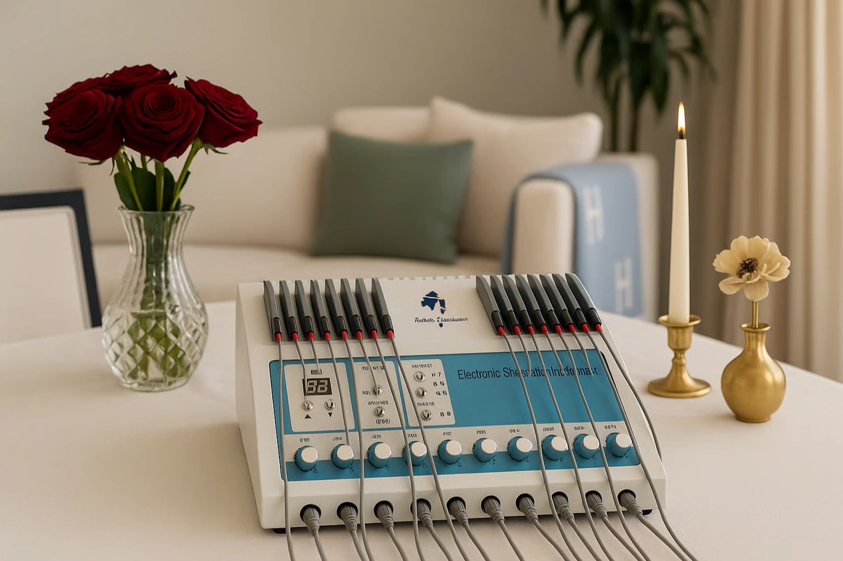 Body-contouring equipment beside roses, a candle and linen in a private setting